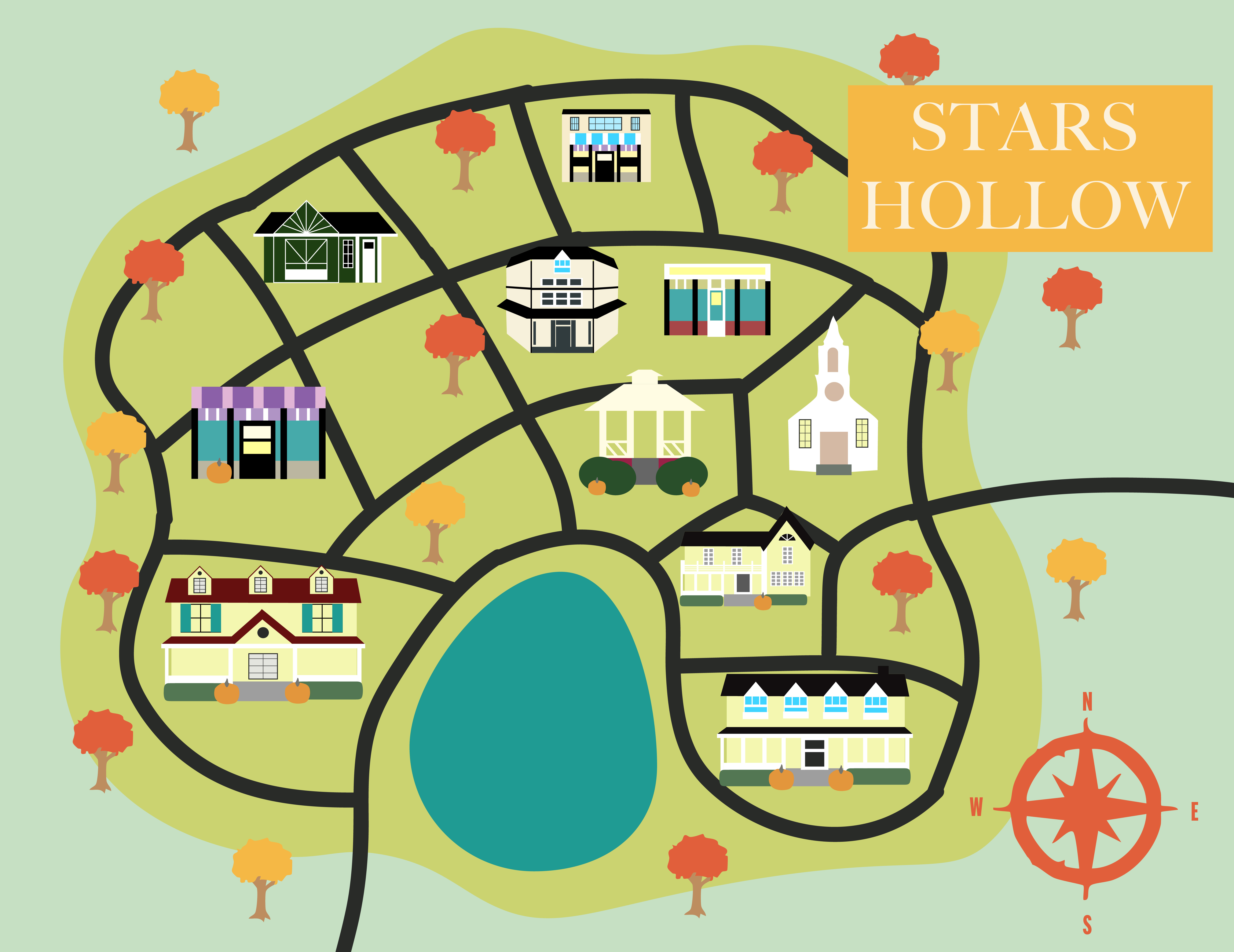 Illustrated map of Stars Hollow with various landmarks and buildings