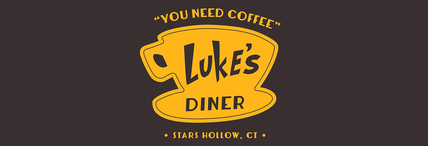 brown background with a yellow logo of a coffee mug reading Lukes Diner